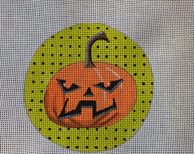 Kirk & Bradley Jack O Lantern Needlepoint Canvas 18# 4" Round. Preowned Estate Sale Like New Condition. Free Shipping.