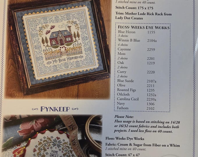 Summer House My Blue Heaven & Home Pynkeep CrossStitch Kit. Good Condition. Incl 2 charts, home sweet home finish kit, project bag.