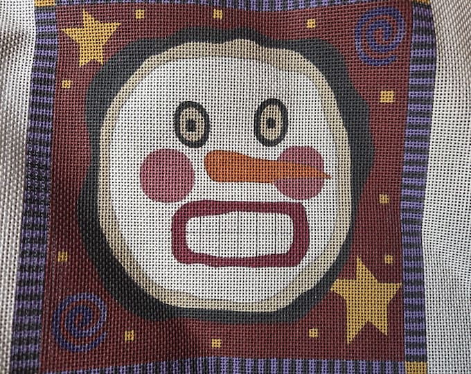 EW1010 Wally Whimsical Snowman Needlepoint Canvas with Threads.  18 Mesh 7"x7". Preowned Estate Sale Good Condition. Free Shipping.