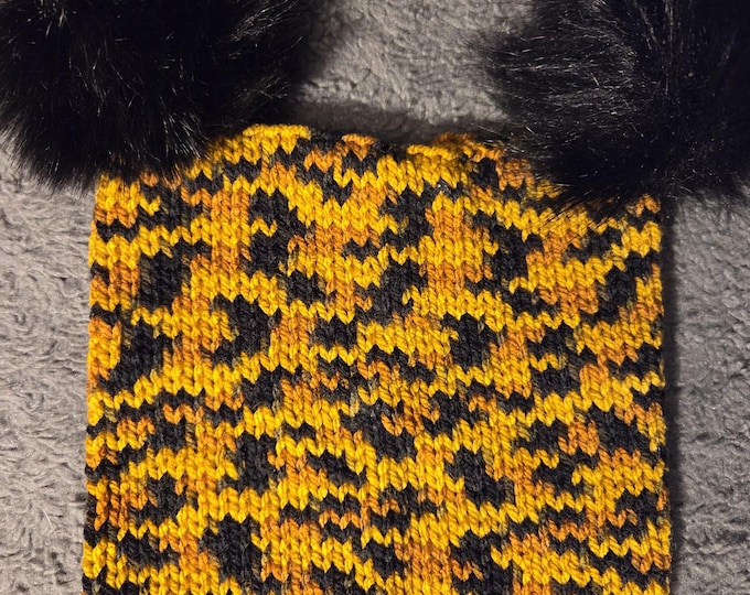 Handmade Knit Kids Hat Size Large. Acrylic Yarn. Animal Print with Black Double PomPoms. FREE Shipping.