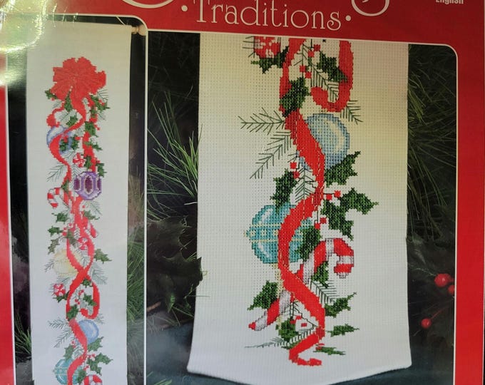 Designs for the Needle Christmas Tradition 1927 Ornaments White Bell Pull Cross Stitch Kit. FREE SHIPPING.