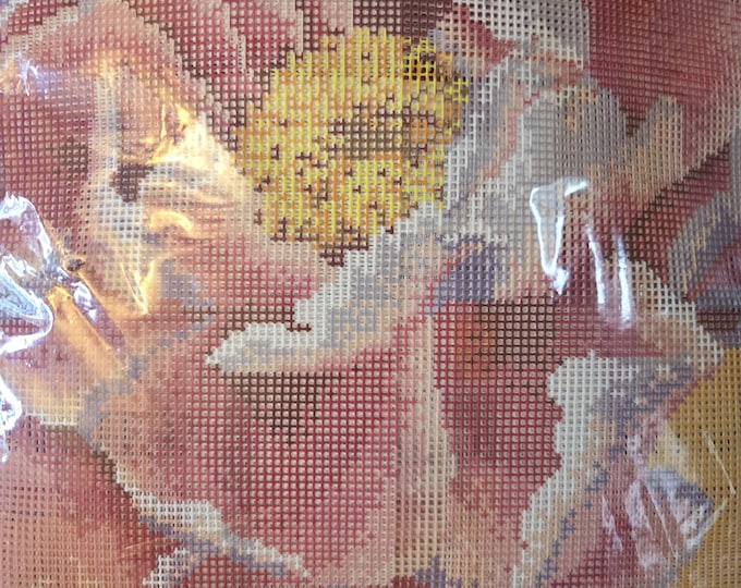 Ehrman Coral Peony on Yellow Cushion Needlepoint Canvas Kit. Incl Canvas,Wool,Yarn,Needle. Preowned Estate Sale Open Retaped Cond.