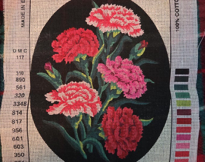 Collection D’Art Carnations Oval Needlepoint Canvas 7" x 9.5". Older Condition. Free Shipping.