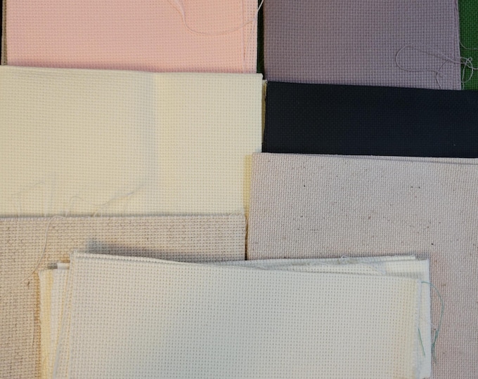 Grab Bag of Cross Stitch Fabrics. Various colors, types, sizes and counts. Preowned. Free Shipping. Misc Bag Lot 6.