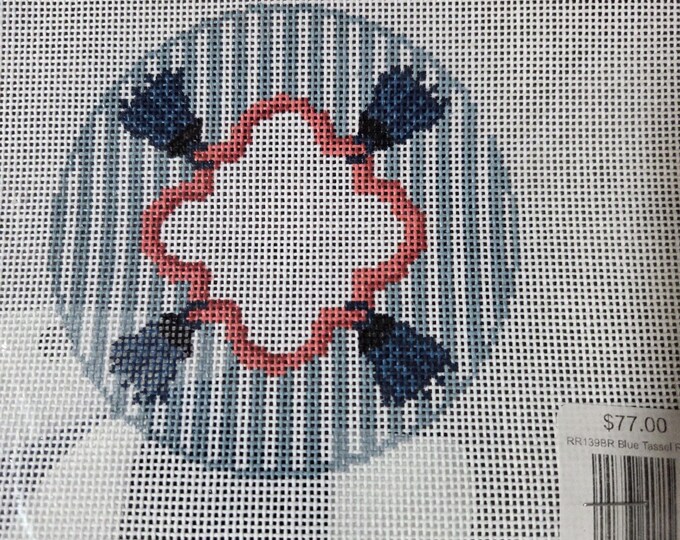 Rachel Barri Blue Tassel Round Needlepoint Canvas with Threads 18# 4" Round. Preowned Estate Sale Good Cond.