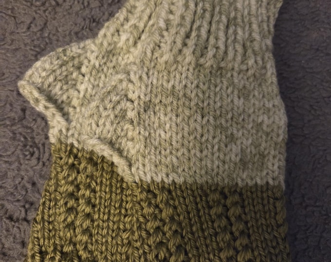 Handmade Knit Adult Small or Kids Large Fingerless Gloves. Acrylic Yarn. Green. FREE Shipping. Fold ends to adjust length as needed.