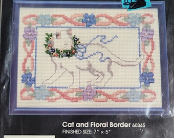 Golden Bee Cat and Floral Border Counted Cross Stitch Kit. FREE SHIPPING.