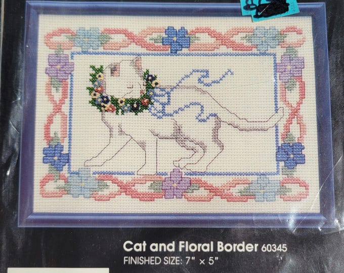 Golden Bee Cat and Floral Border Counted Cross Stitch Kit. FREE SHIPPING.