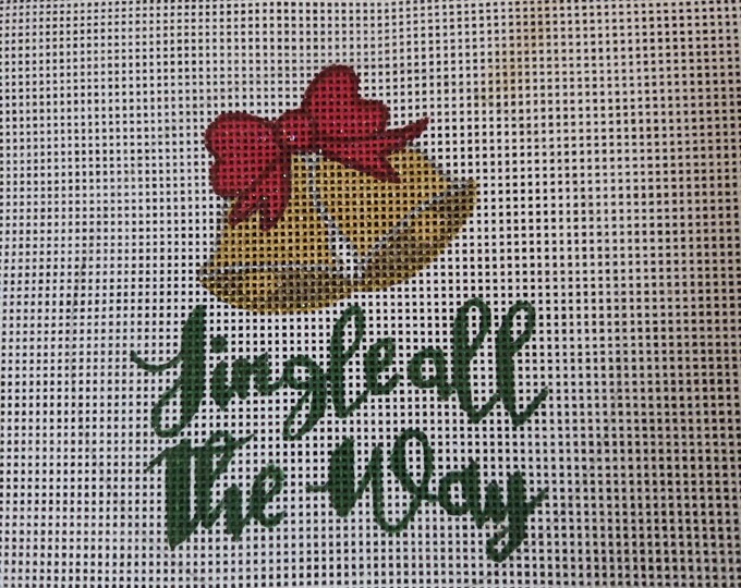 A Poore Girl Paints Jingle All The Way Needlepoint Canvas with Threads 18# 4.5" Round Preowned Estate Sale. Stain upper right.Free Shipping.