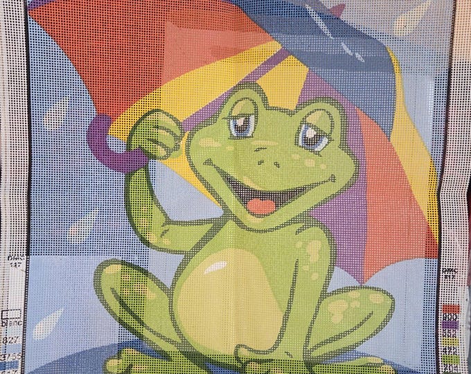 Whimsical Frog with Umbrella Needlepoint Canvas 18x18". Older Condition. Free Shipping.
