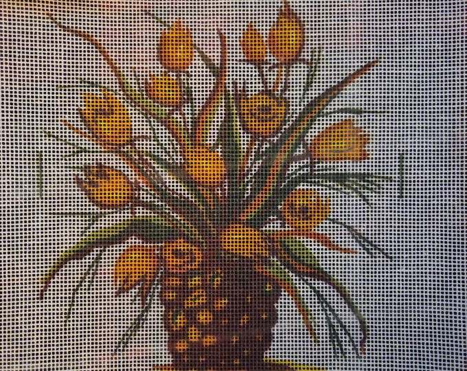 Tulips Flower Basket Needlepoint 14x11 Canvas. Vintage Older Condition Preowned. Free Shipping.