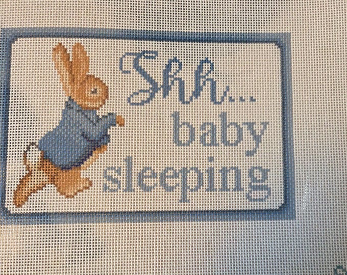 Shh Baby Sleeping Blue Rabbit Needlepoint Canvas. 18 Mesh 6"x4" finished. Round. New Condition. Free Shipping. Needlepaint LLC Design.