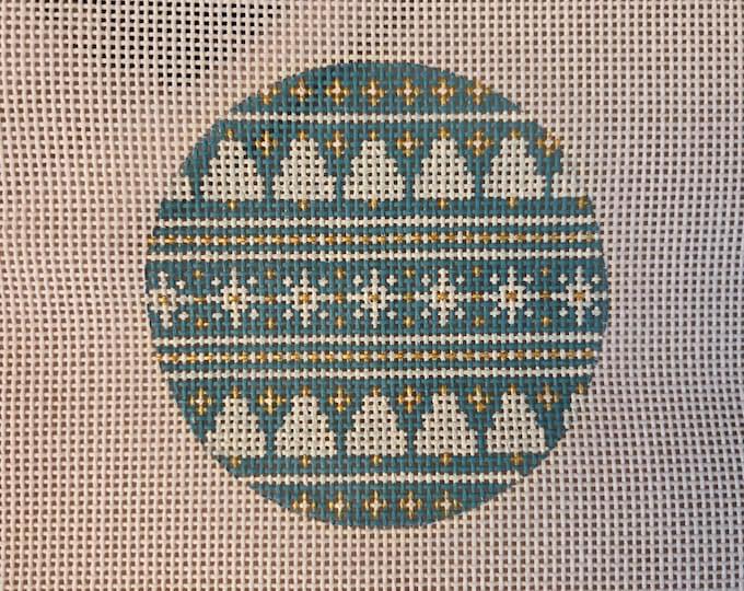 White Trees on Turquoise Needlepoint Canvas 13# 4" Round. Preowned Estate Sale Good Cond.
