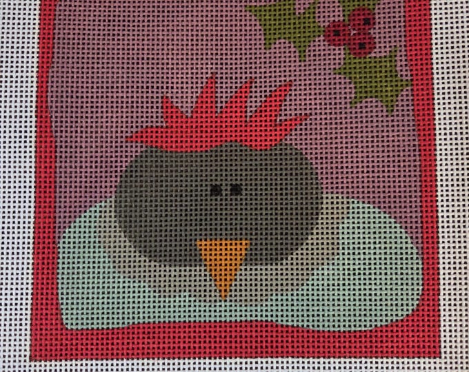 Ditto Christmas Bird with Holly Needlepoint Canvas 13# 8" Sq Preowned Estate Sale Like New Condition. Free Shipping.