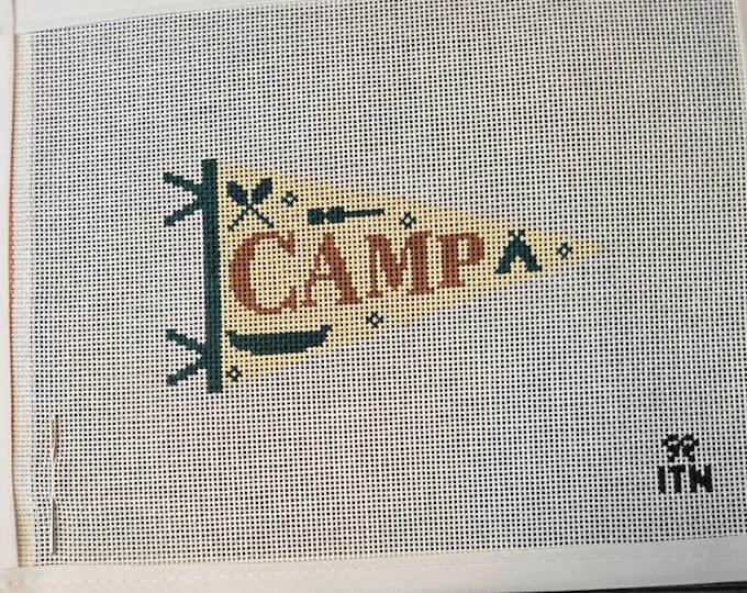 Ivy Thread Camp Pennant Banner Needlepoint Canvas with Threads 18# 4.75"x2.5". Preowned Estate Sale Like New Condition. Free Shipping.