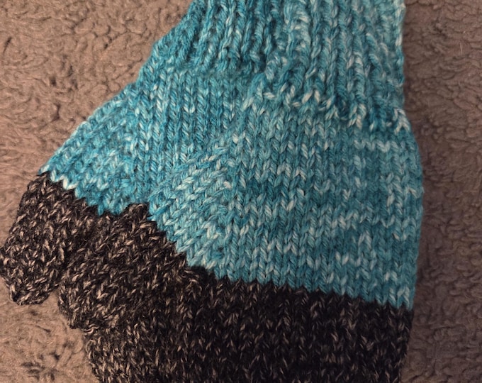 Handmade Knit Kids Mittens Size Medium. Acrylic Yarn. Teal and Black. FREE Shipping.