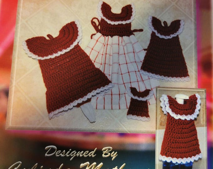 Crochet Memories Country Diner Kitchen Set including dishtowel topper, dishsoap cover, recycable bag holder crochet pattern. FREE SHIPPING.