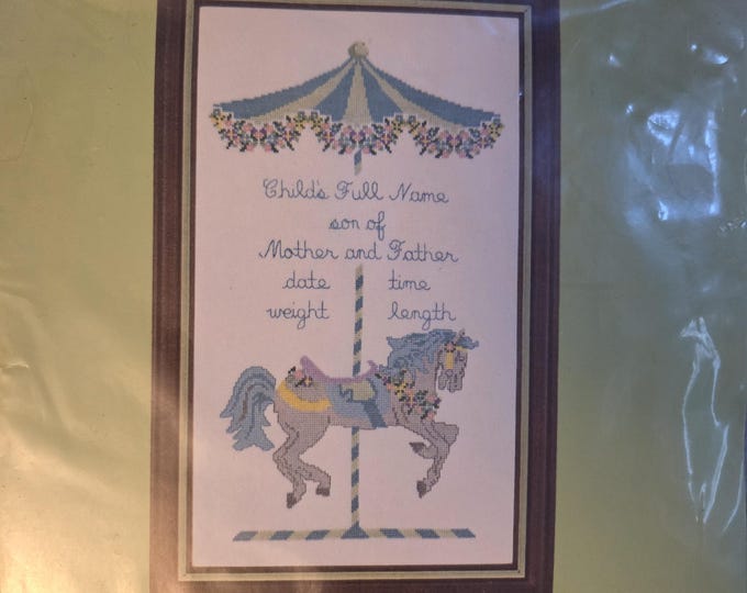 Ginnie Thompson Carousel Birth Sampler Counted Cross Stitch Kit. FREE SHIPPING. Older Condition.