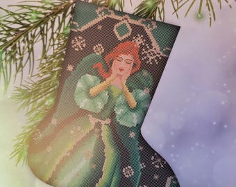Stocking Angels Green #3 Cross Stitch Pattern. FREE SHIPPING.