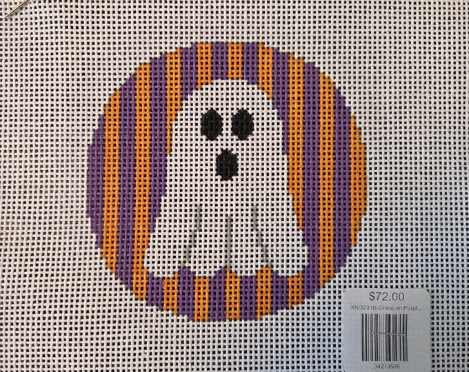 Kristine Kingston Ghost Purple Orange Stripes Needlepoint Canvas 13# 4" Round. Preowned Estate Sale Good Condition. Free Shipping.