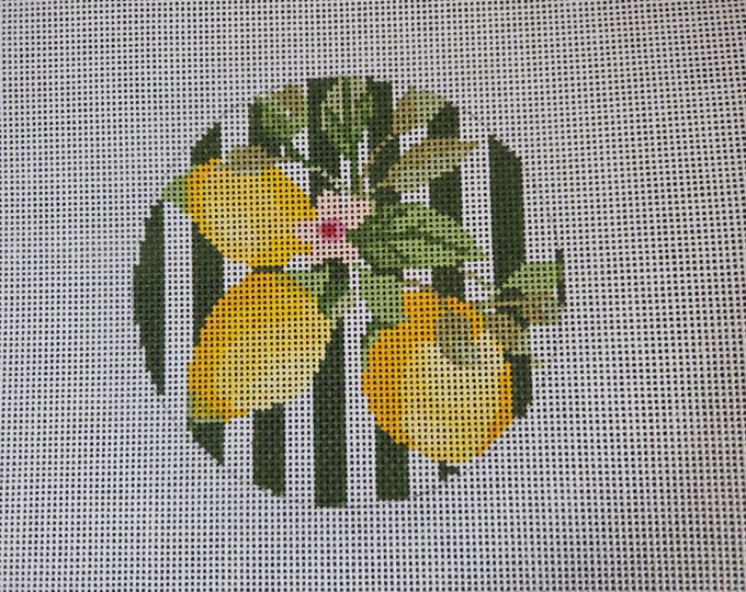 Blueberry Point Lemons Needlepoint Canvas 18# 4" Round. Preowned Estate Sale Good Cond.