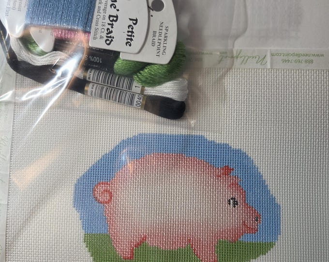 Burnett & Bradley Pig BB6087 Needlepoint Canvas and Threads.  18 Mesh 4"x5". Preowned Estate Sale Like New Condition. Free Shipping.