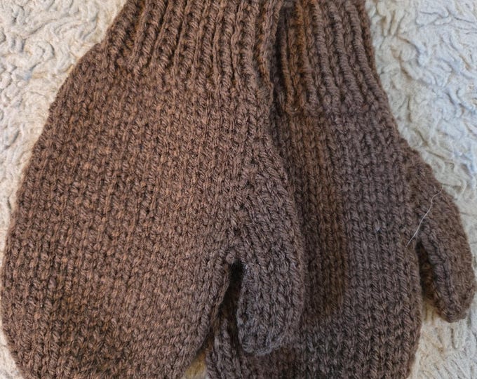 Handmade Knit Kids Mittens Size Medium (ages 7 to 9) width 4 inch length 7.5 inch  Acrylic Yarn. Brown. FREE Shipping.