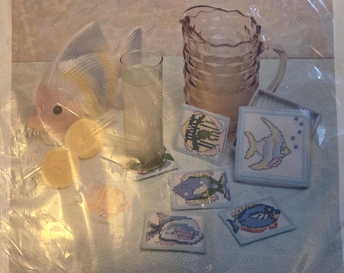 Golden Bee Tropical Fish Coasters and Box Plastic Canvas Kit FREE SHIPPING. Older Condition.