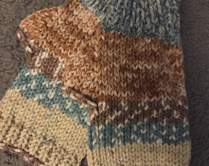 Handmade Knit Adult Small or Kids Large Fingerless Gloves. Acrylic Yarn. Blue and Brown. FREE Shipping. Fold ends to adjust length.