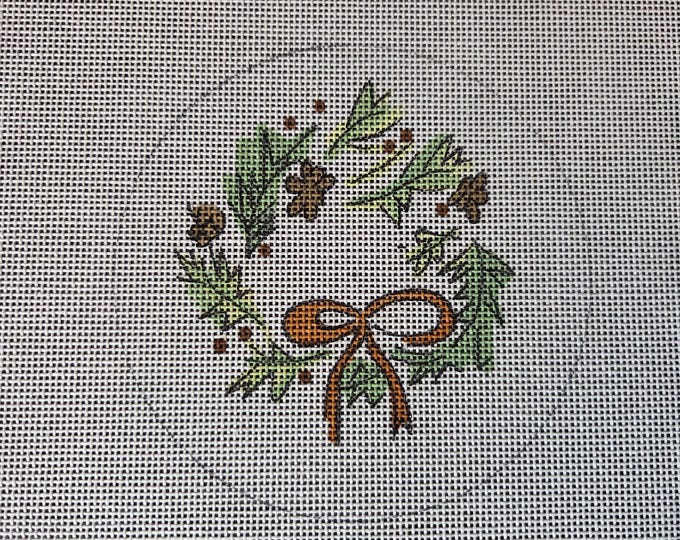 Camilla Moss Wreath Needlepoint Canvas with Threads.  18 Mesh 4.5" Round. Preowned Estate Sale Like New Condition.