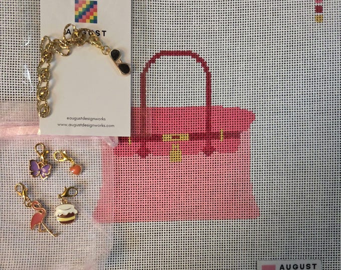 Pink Bougie Charm Bag plus chain eyeglass charm and charms shown. 8x8 canvas size 4x4 design 18 mesh Handpainted Canvas. New. Free Shipping.