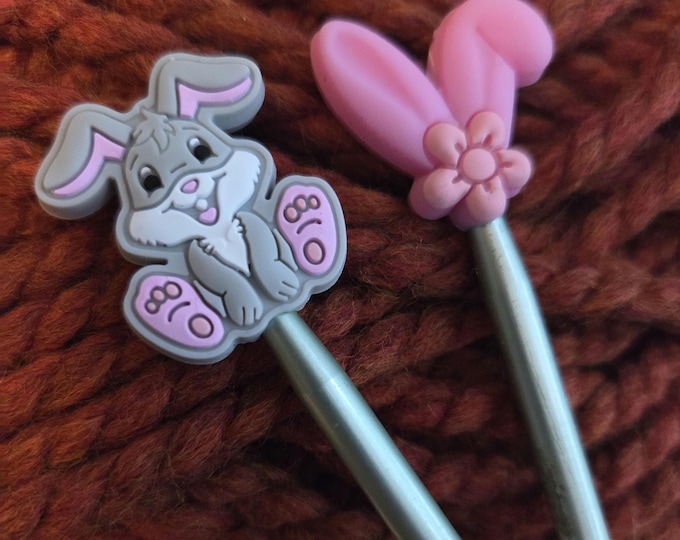 Bunny and Pink Ears Knitting Needle Point Savers and Stitch Holders So Stitches Don't Slip Off Needles. Set of 2. Free Shipping.