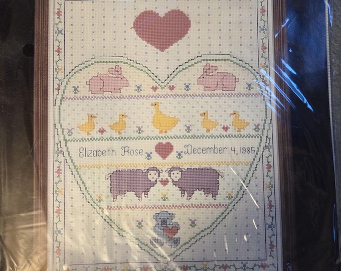 Janlynn Baby Animals Sampler Counted CrossStitch Kit. FREE SHIPPING. Older, some small spot staining on fabric but other side could be fine.