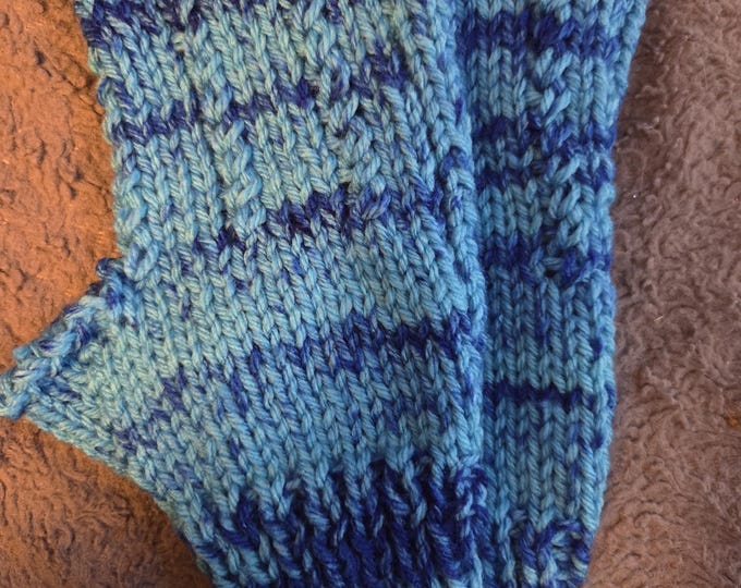 Handmade Knit Adult 8.5 inch Fingerless Gloves. Acrylic Yarn. Blue Stripes. FREE Shipping. Fold ends to adjust length.