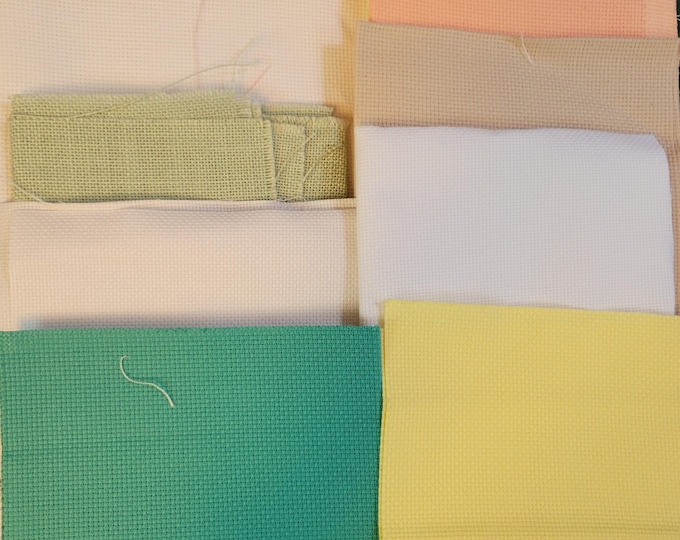 Grab Bag of Cross Stitch Fabrics. Various colors, types, sizes and counts. Preowned. Free Shipping. Misc Bag Lot 2.