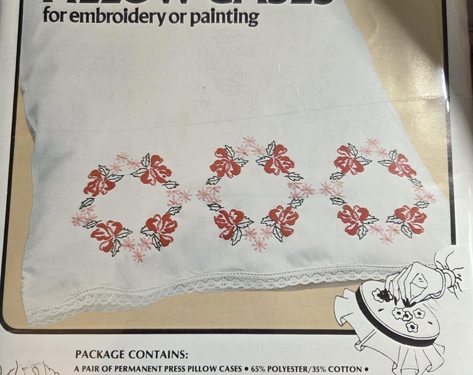 Embroidery Pair of Pillowcases Roses. FREE SHIPPING. Older Condition. Repackaged in a polybag.