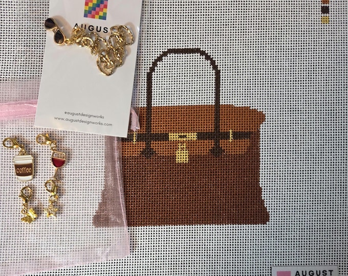 Brown Bougie Charm Bag plus chain eyeglass charm and charms shown. 8x8 canvas size 4x4 design 18 mesh Handpainted Canvas. New Free Shipping.