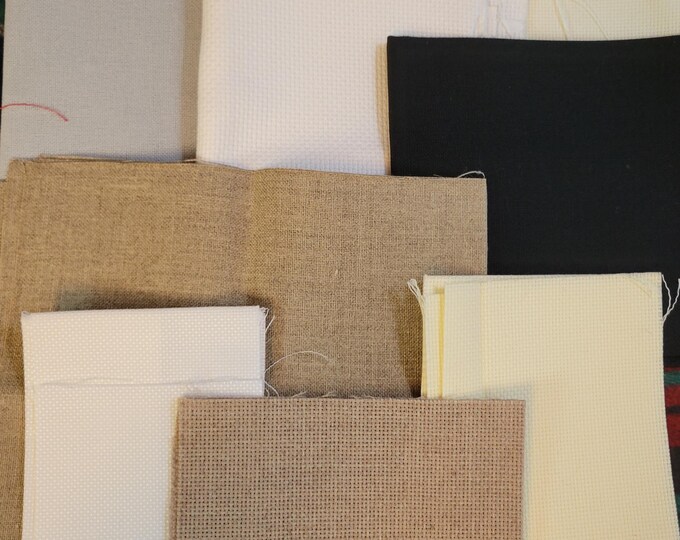 Grab Bag of Cross Stitch Fabrics. Various colors, types, sizes and counts. Preowned. Free Shipping. Misc Bag Lot 11.