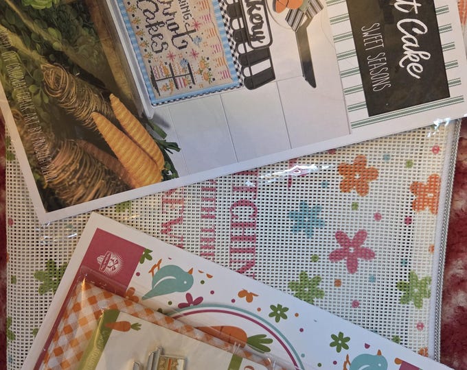 Stitching with the Housewives Sweet Seasons Carrot Cakes Kit. Includes Chart, Floss, Charm, Flower Bag. FREE SHIPPING.