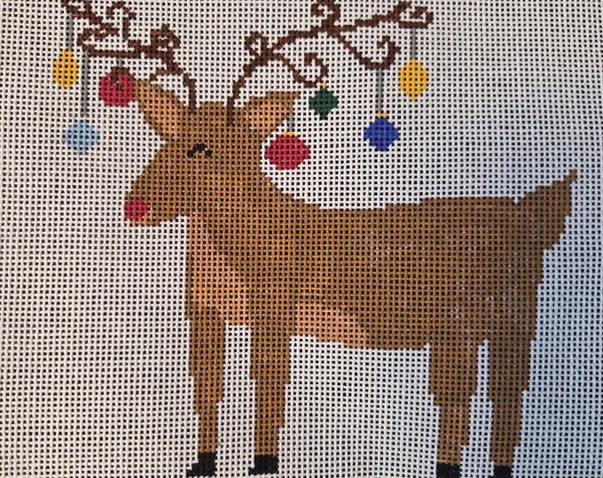 Handpainted Reindeer with Lights Needlepoint Canvas With Threads 18# 5.5x5.5"". Preowned Estate Sale Good Condition.