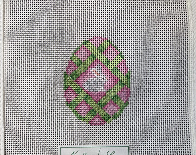 Mini Egg Green Lattice White Bunny Needlepoint Canvas 18# 2"x2.5". Preowned Estate Sale Good Condition. Free Shipping.