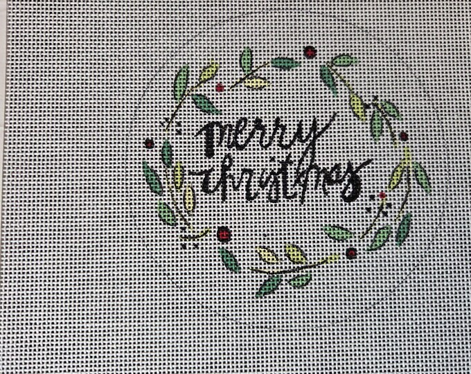 Camilla Moss Merry Christmas Needlepoint Canvas with Threads.  18 Mesh 4.5" Round. Preowned Estate Sale Like New Condition.