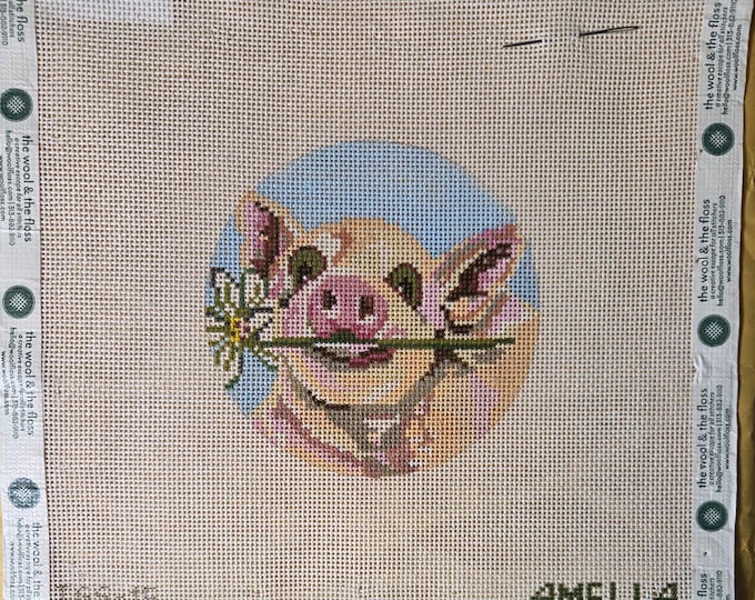 Amelia Bond Daisy Pig Needlepoint Canvas 8.5"x8.5"  #18 mesh. New Preowned Condition. Free Shipping.