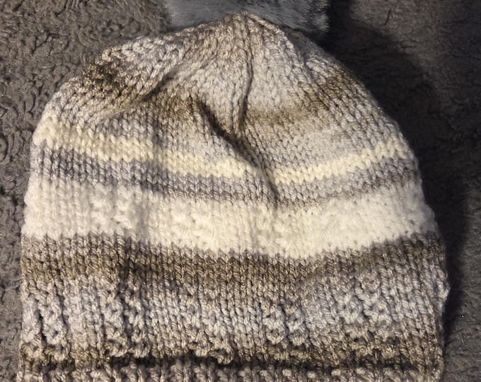 Handmade Knit Kids Hat Size Large. Acrylic Yarn. Gray Stripes with Gray PomPom. FREE Shipping.