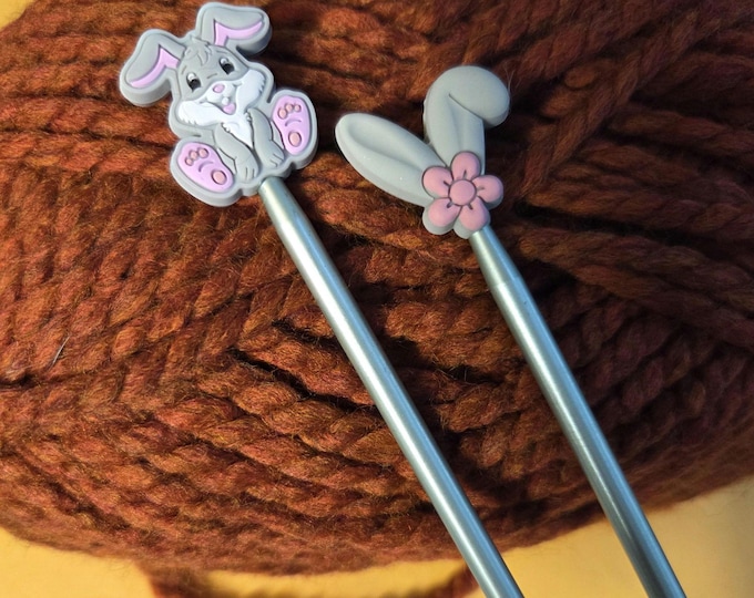 Bunny and Gray Ears Knitting Needle Point Savers and Stitch Holders So Stitches Don't Slip Off Needles. Set of 2. Free Shipping.