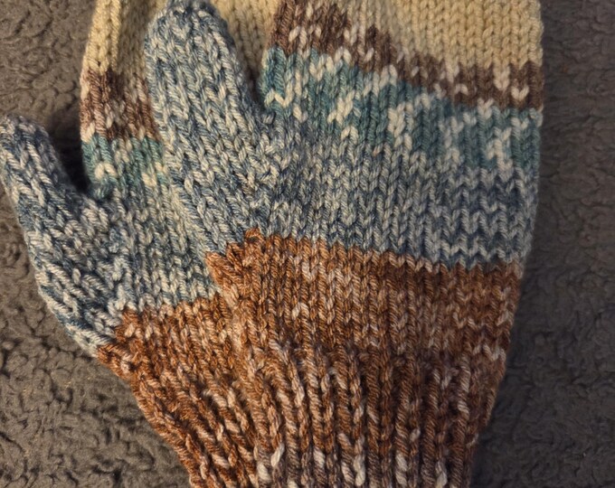 Handmade Knit Adult Small or Kids Large Mittens. Acrylic Yarn. Blue and Brown.FREE Shipping.