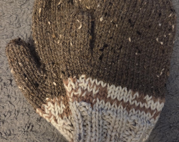 Handmade Knit Adult Small or Kids Large Mittens. Acrylic Yarn. Brown.FREE Shipping.