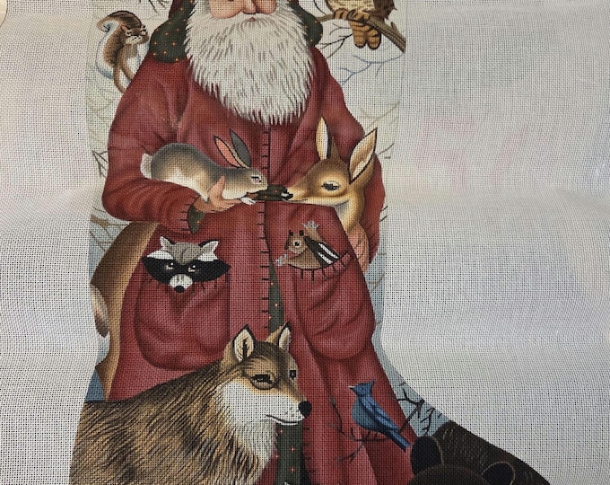 Liz Goodrick-Dillon Santa Woodland Animals Stocking Needlepoint Canvas.  18 Mesh 13"x24". Preowned Estate Sale Good Cond. Canvas Rolled.