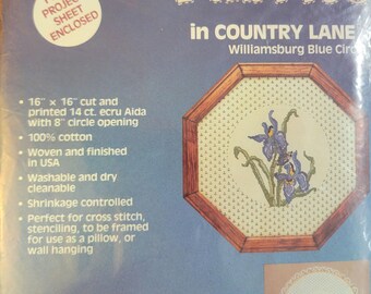 Country Lane Williamsburg Blue Circle 14ct 16"x16" printed even weave aida cloth. FREE SHIPPING.