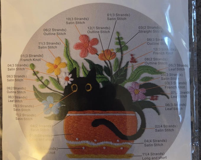 Embroidery Stitches Cat in Orange Vase JD109 Counted Cross Stitch Kit. FREE SHIPPING. New Condition. Hoop Included.